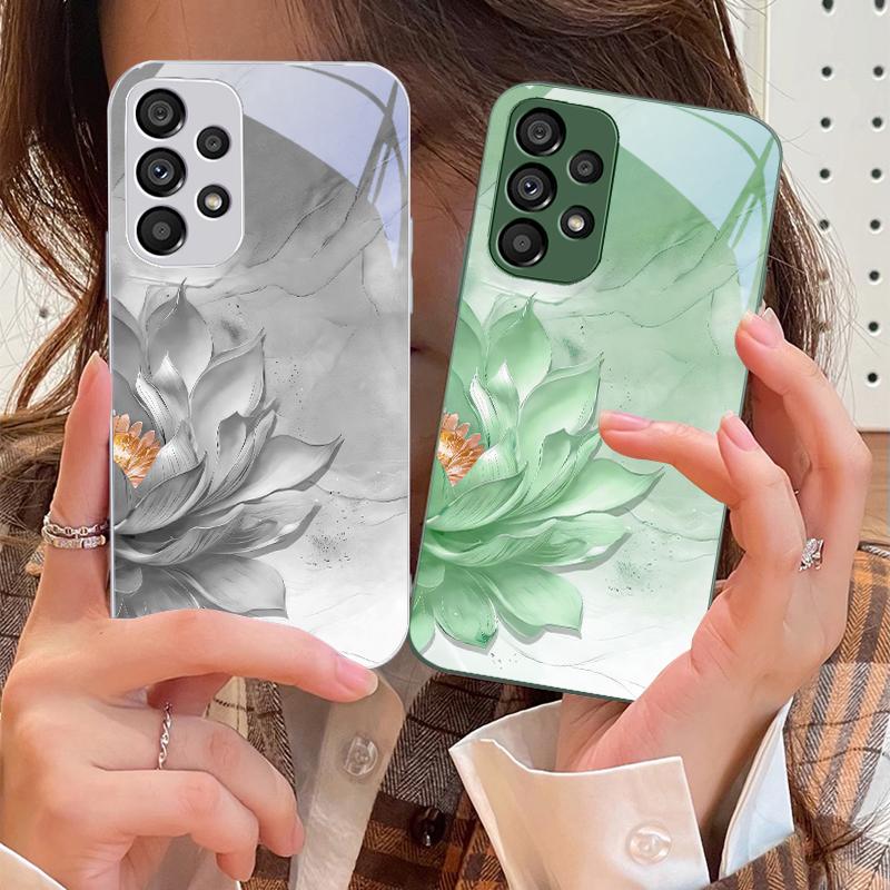 Side Lotus White For Samsung Galaxy S10 4G S20 11E 30 S21 21Fe 22 S24 Pro S23 Ultra 5G S8 S9 Tempered Glass Phone Case