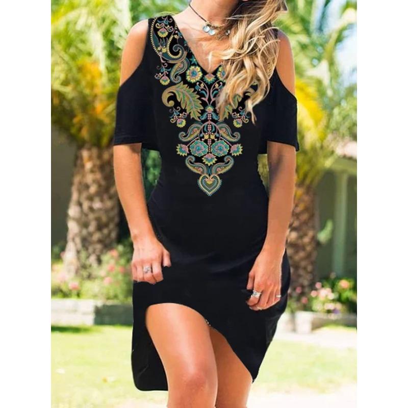 YYFS Abiti casual a vita alta con scollo a V a maniche corte con stampa floreale primaverile alla moda da donna