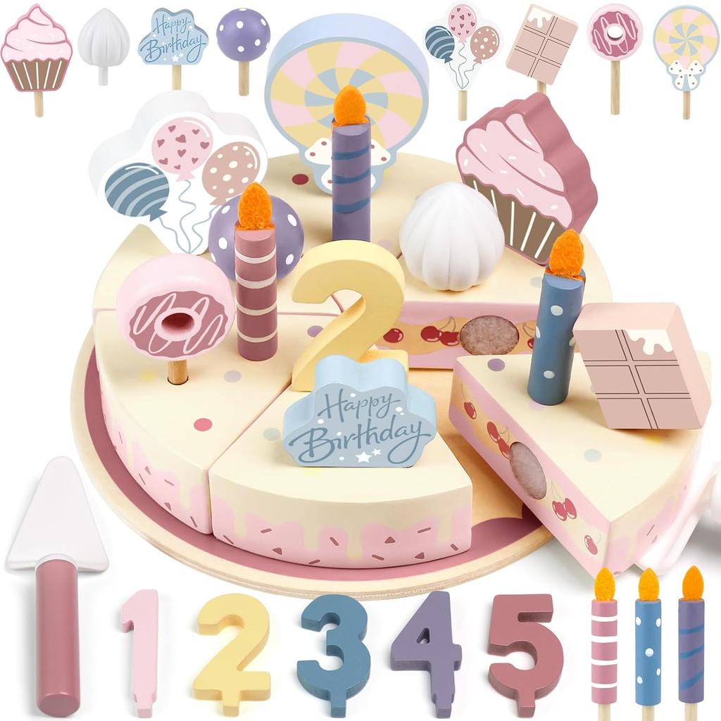 Wooden Birthday Party Cake Play Food Sets for Kids Kitchen Accessories Pretend Toy Fake Toddlers Educational Toys