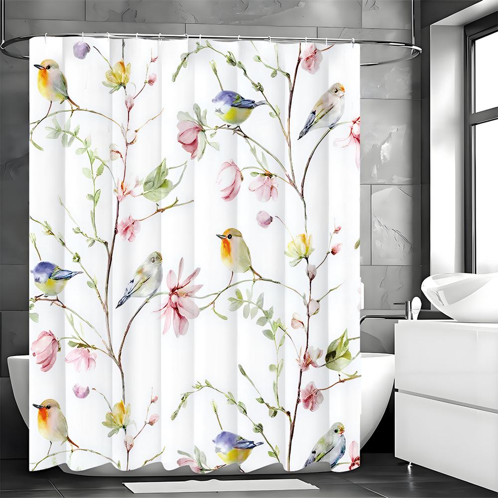 Tree Flower Leaf Bird Shower Curtain, Bathroom Decorative Shower Curtain, Waterproof Shower Curtain with Hooks