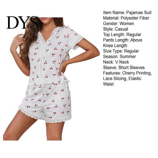 Lady Sleepwear Set 2 Pcs/Set Pajamas Suit Lace Splicing V Neck Short Sleeve Top Pajama Cherry Printing Comfort Homewear Outfit Casual Shorts Nightwear
