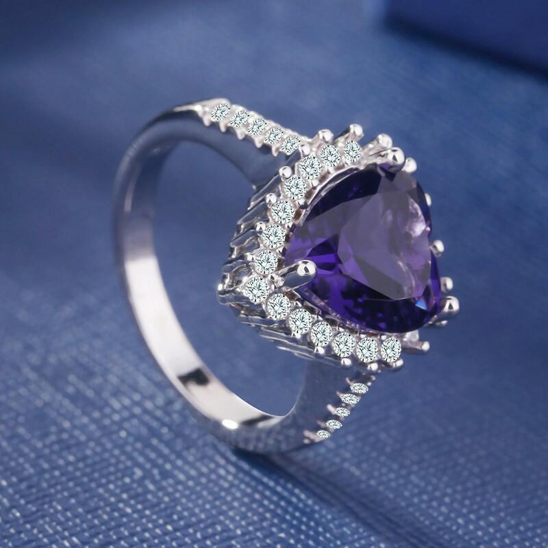 Classic Sweet Romantic Heart Purple Crystal Rings ForWomen Engagement Wedding Ring For Accessories Size 6-10