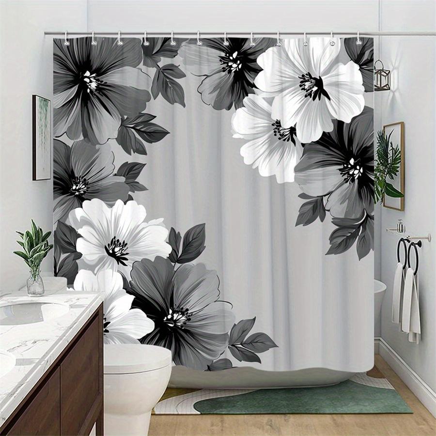 1pc Grey Hibiscus Shower Curtain - with delicate petals and slender leaves, polyester fabric, with hooks, machine washable