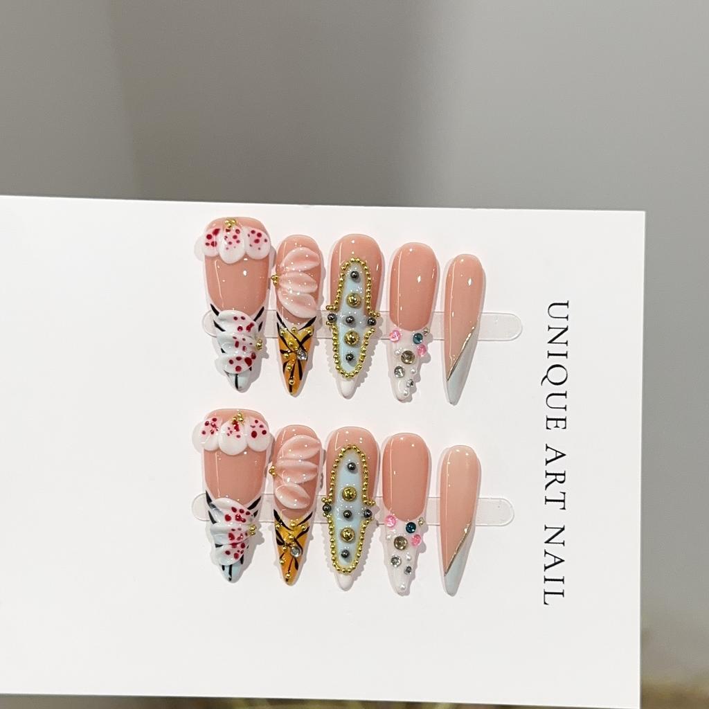 Women Long Pointed Press‑On Nails Pure‑Handmade Pink Hand Painted French 3D Engraved False Nail Patches