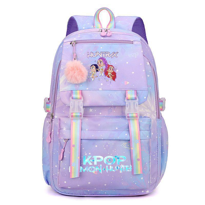 Korean Style School Backpack Teenagers Large Capacity Nylon Bookbag With Padded Straps Cartoon Print Unisex Student Bag