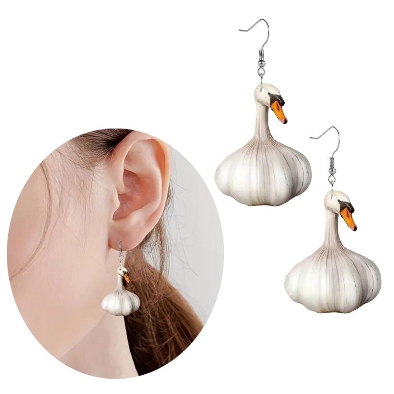Einzigartige und stylische Enten-Ohrhänger. Lustige Ohrringe mit Entenanhänger in Knoblauchform. Zierliche Ohrhaken als Accessoire