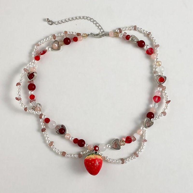 Imitation Pearl Crystal Strawberry Necklace for Women, European and American New Style, Trendy, Sweet, Cute, Soft Girl Style, Clavicle Chain Accessory