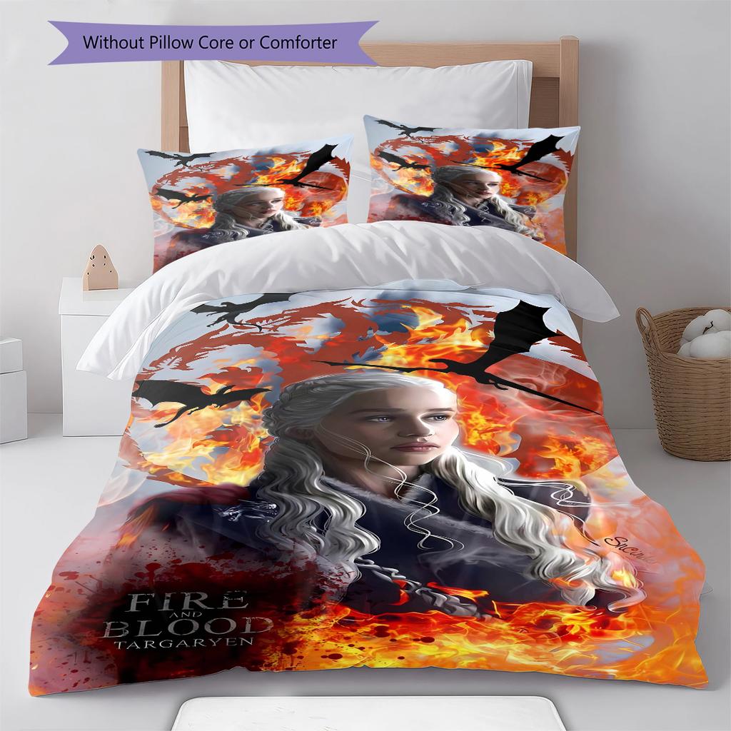 Thrones Game Pattern Bedding Quilt Set Quilt Cover Pillowcase Home Decoration Gift (1 * Duvet Cover + 2 * Pillowcase, Without Core)