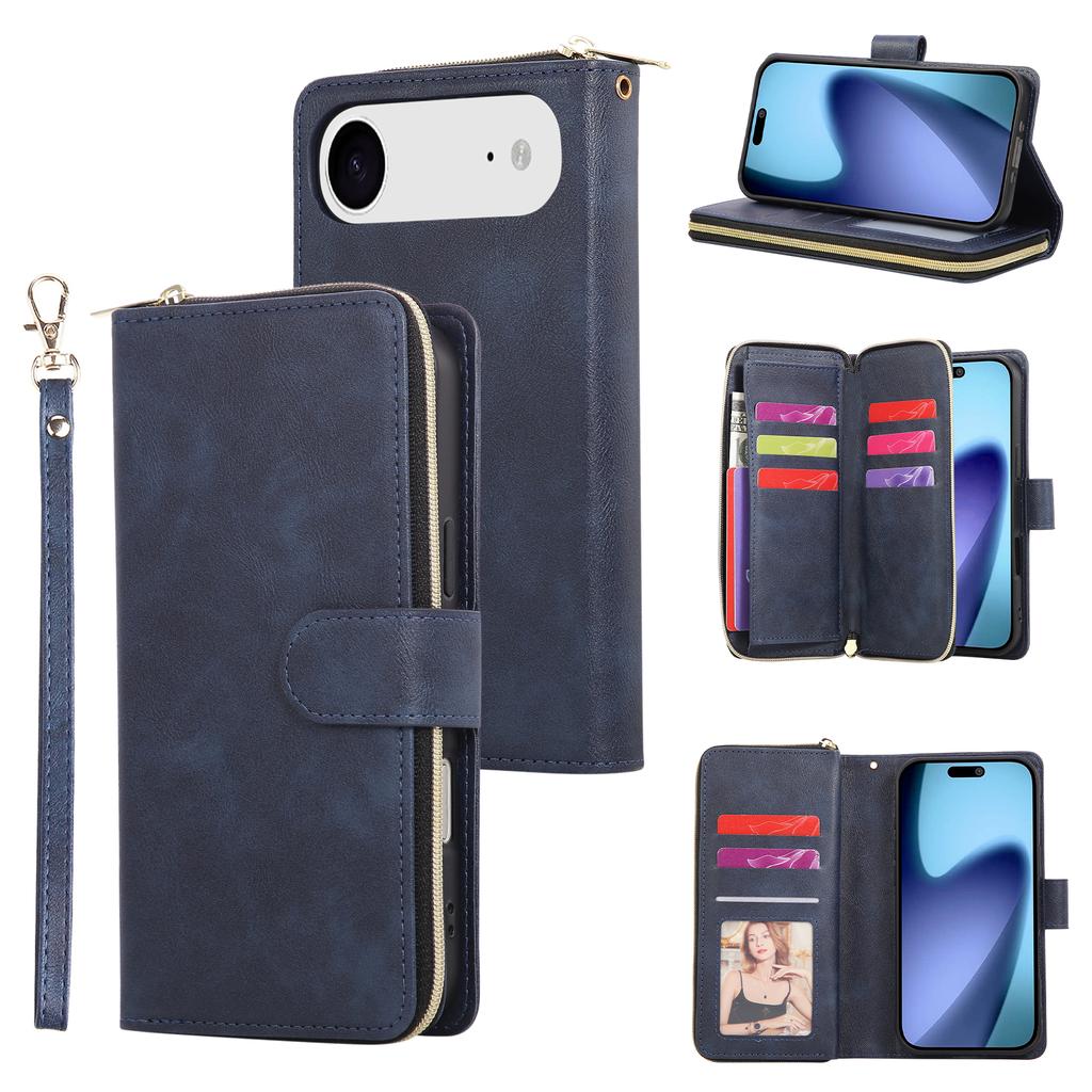 For iPhone 17 Air Case Zipper Pocket 9 Card Slots PU Leather Phone Cover with Hand Strap