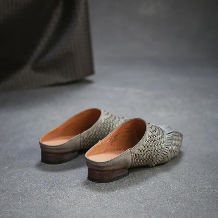 Johnature Low Heel Outdoor Slippers Fashion Pointed Toe Woven Genuine Leather Women's Slip-on Shoes