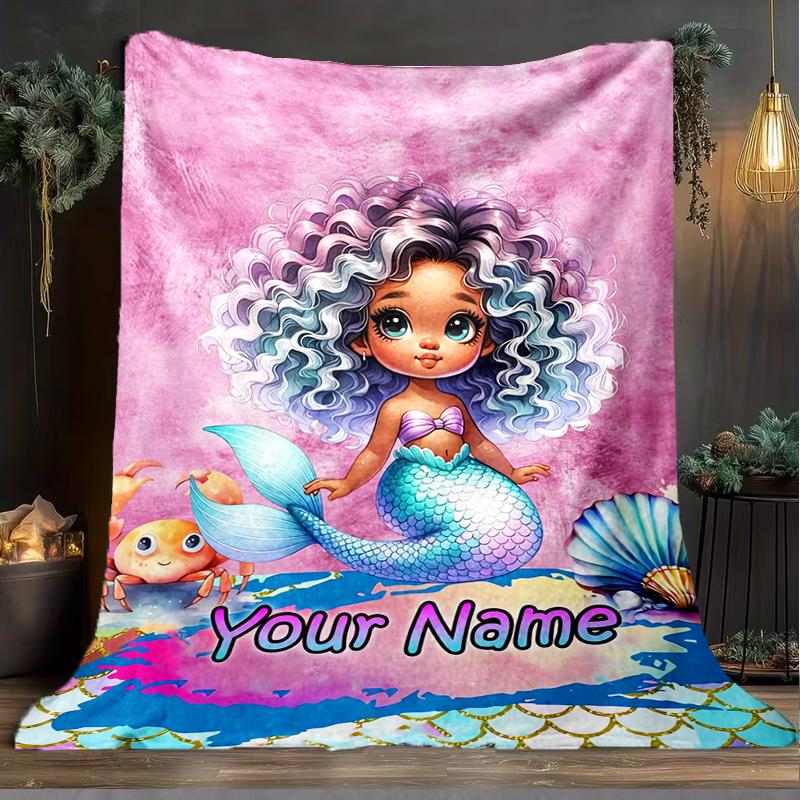 1PC Custom Name Mermaid Fantasy Cover Outdooor Flannel Blankets Patterns Throw Blanket All-Season Soft Gift for Couch, Bed, Camping Gifts