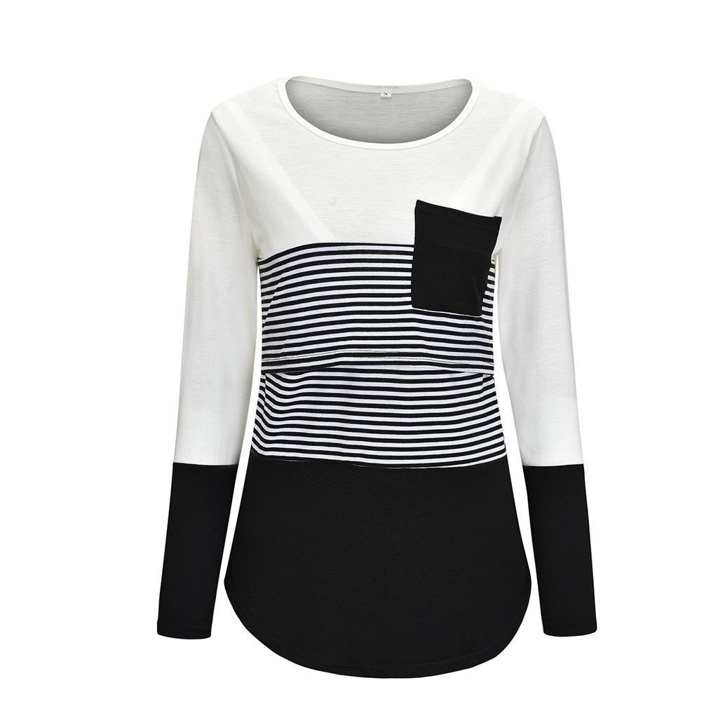 

2026 New Striped Patchwork Long Sleeve Top Women s Nursing Crew Neck T-Shirt S чёрный