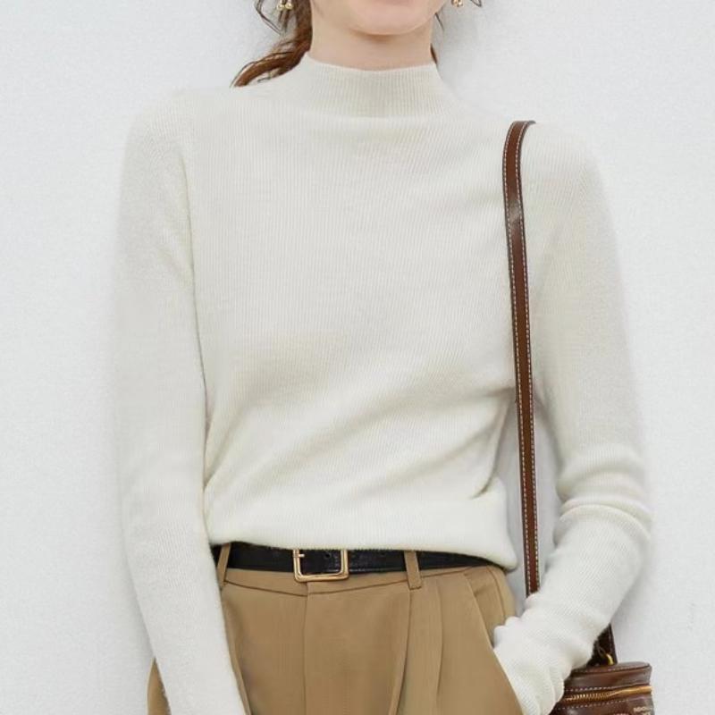 IHUASU Women's Semi-high Neck Wool Sweater Women 100% Pure Wool Slim Cashmere Knitting Bottoming Tight Inner Jumper