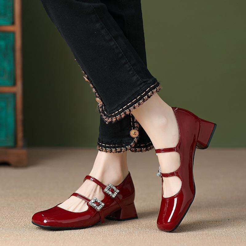 Patent Leather Women High Heel Shoes Retro Thick Heel Female Pumps 2024 Brand Shoes Female Buckle Strap  Solid Classics Pumps