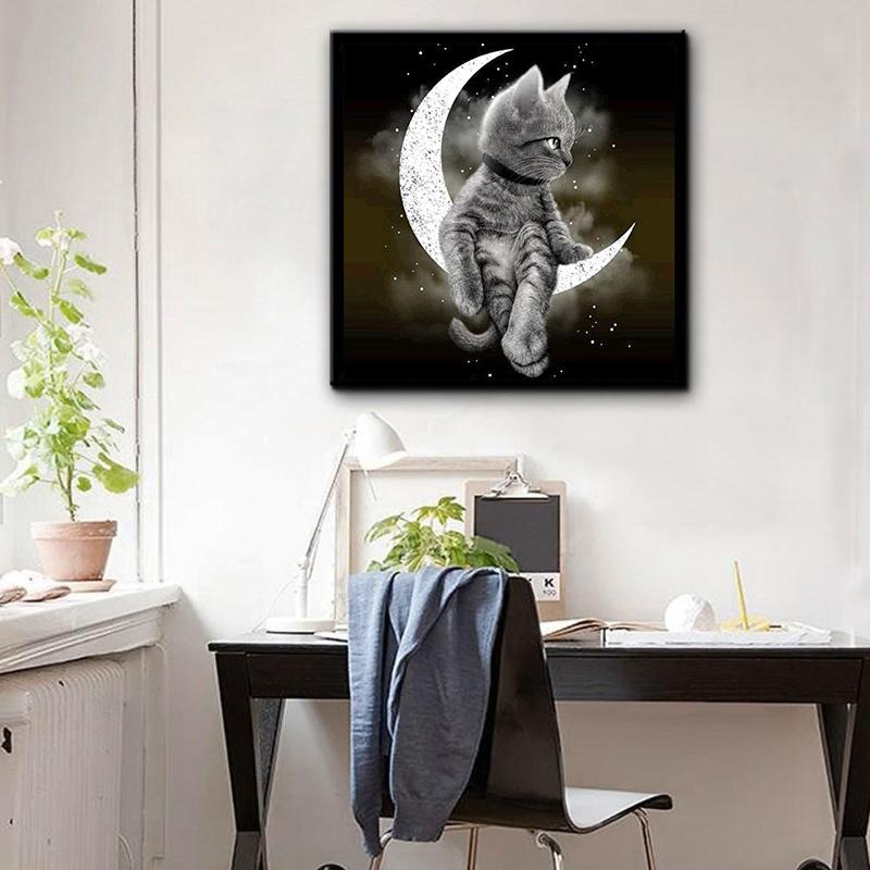 HUACAN 5D DIY diamantová malba Plný čtvercový/kulatý "Měsíční kočka" Diamantové vyšívání Kamínky Obrázky Diamantová mozaika Home Decor