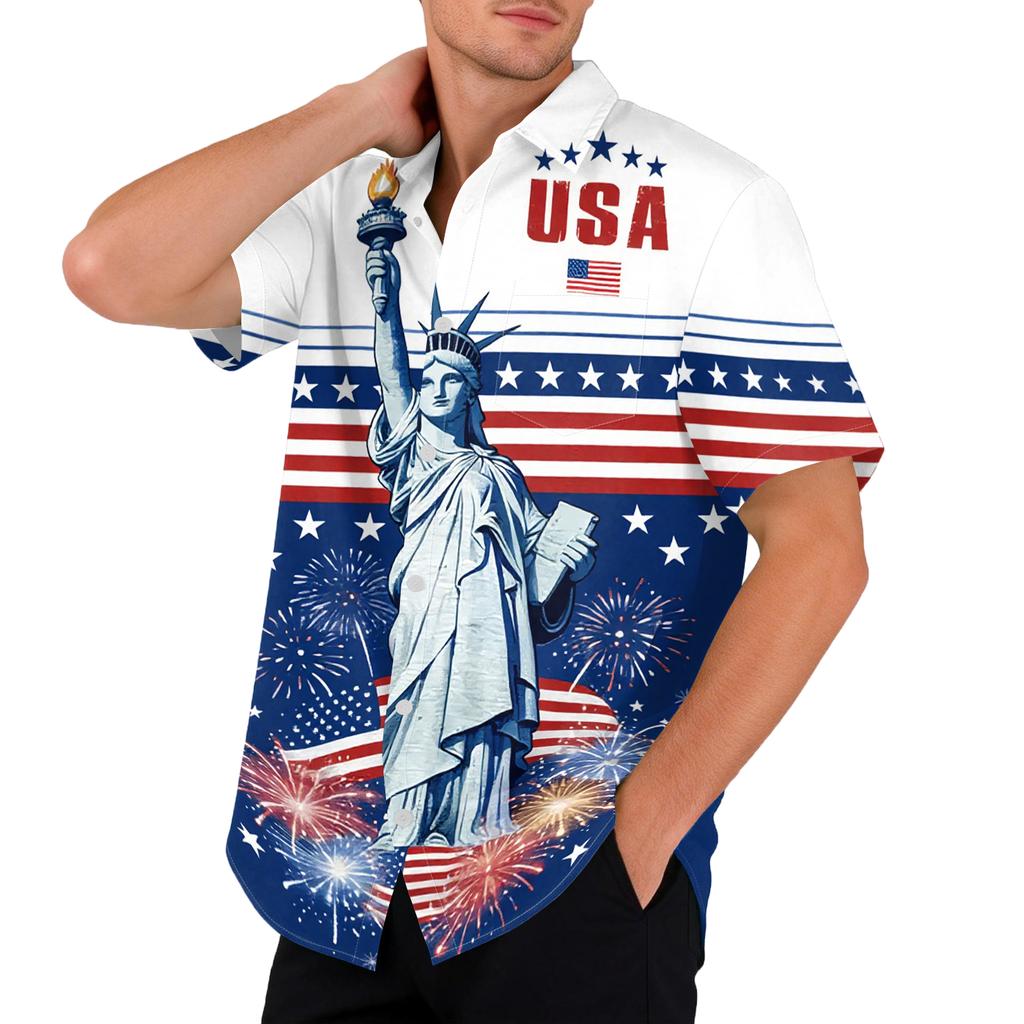 Men's Casual Printed Short Sleeve Open Front Cardigan, Independence Day Festival Tops