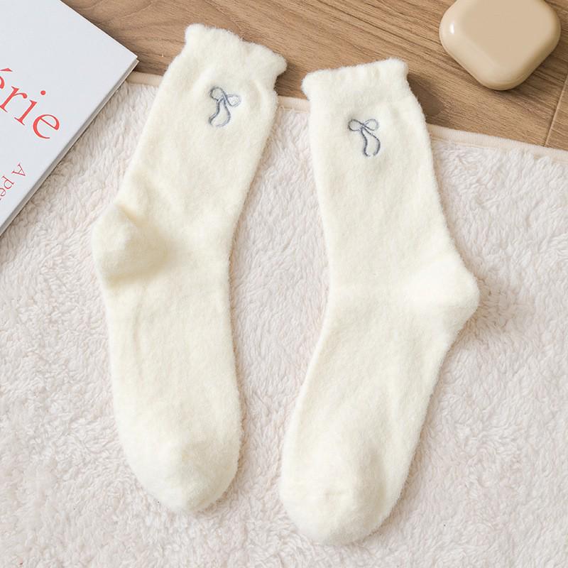 2025 Women's Autumn/Winter Imitation Mink Velvet Bow Embroidery Mid-Calf Socks - Warm, Comfortable Sleep and Home Socks