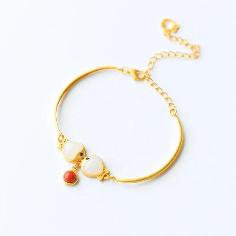 Hetian Jade Double Fish Tassel Bracelet - Retro Style with Round Beads.