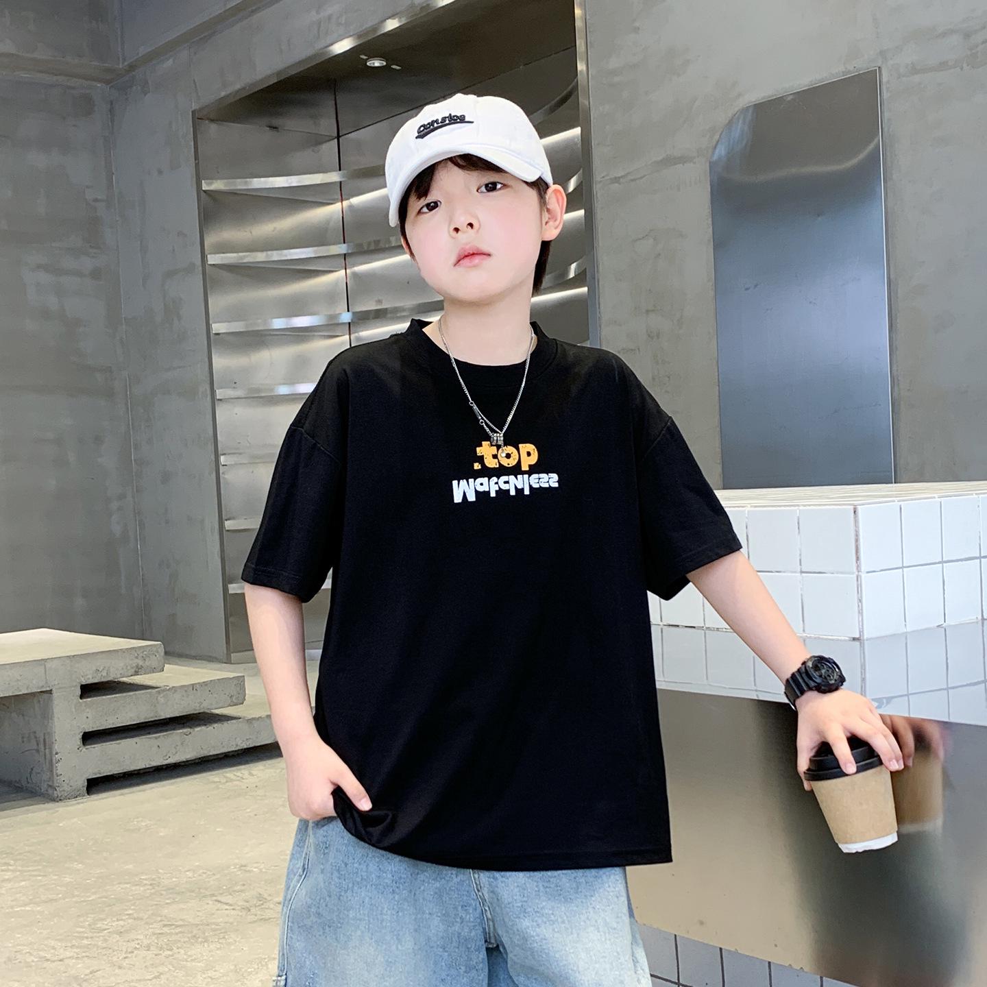 Boys Trendy Cool Hat Print Short Sleeve Loose Top for Summer 2026 - Medium & Large Sizes 170cm чёрный