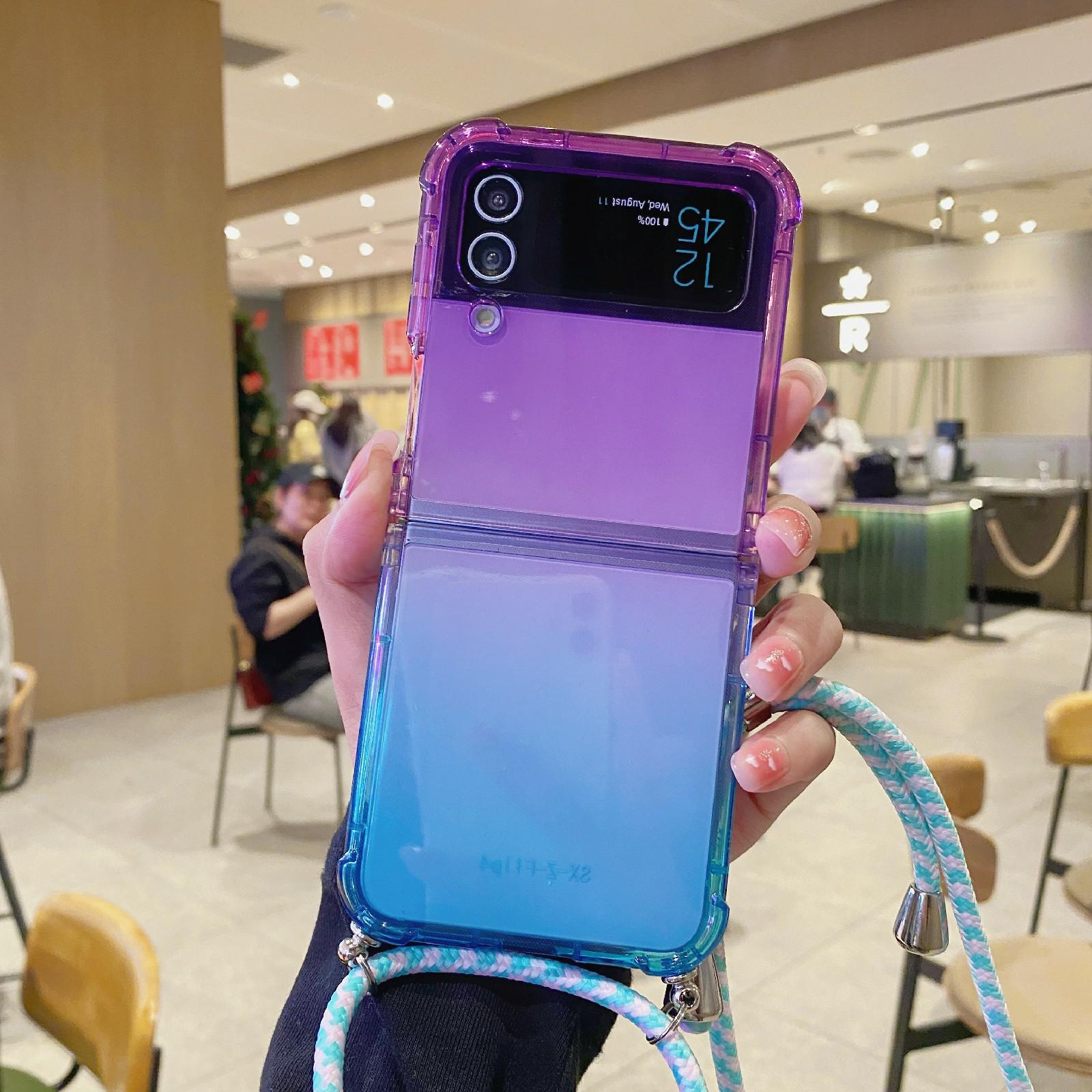 

For Samsung Galaxy Z Flip3 5G Case Gradient Color TPU Phone Cover with Lanyard Purple+Blue