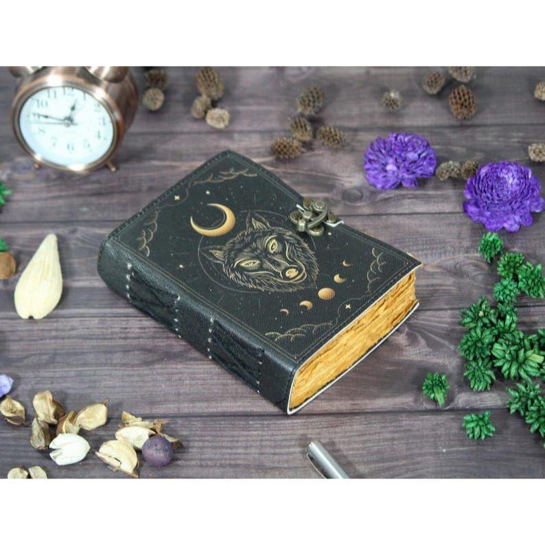 Handmade Leather Journal: Wolf & Moon Embossed Deckle Edge Paper