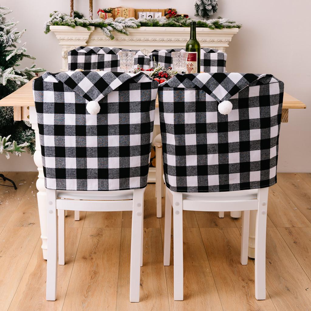 And Cozy Black White Checkered Christmas Chair Slipcover With Stylish Pom Poms For Holiday Atmosphere