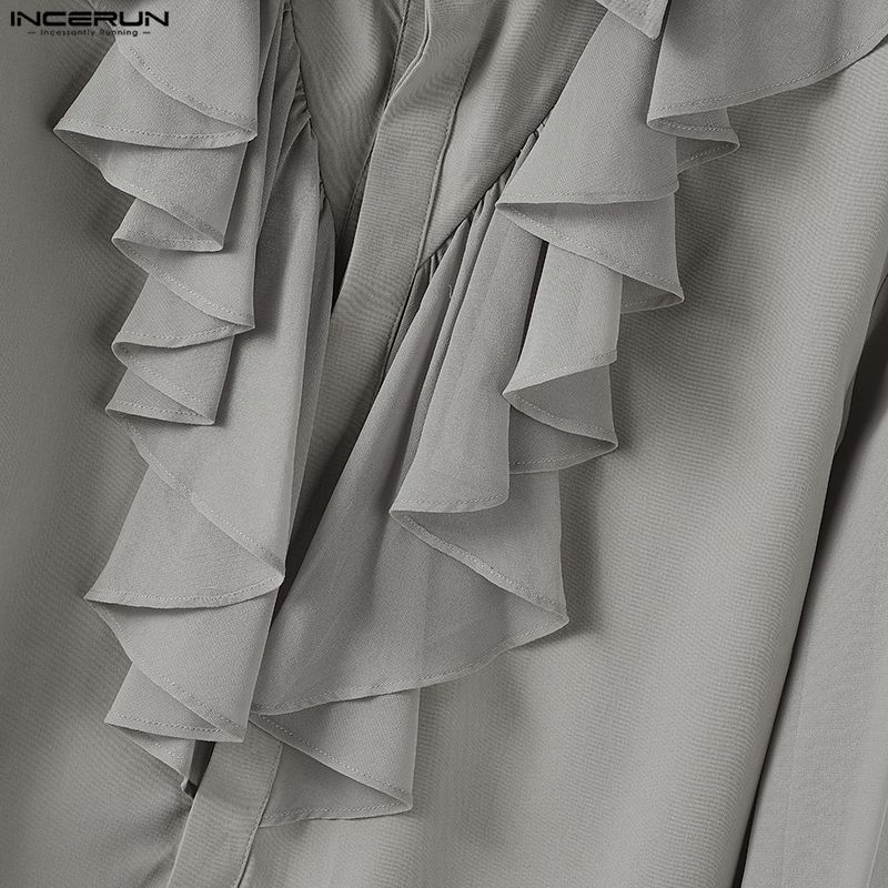 INCERUN Oversized Elegant Men Multi-layered Neck Long Sleeve Ruffled Casual Loose Shirts