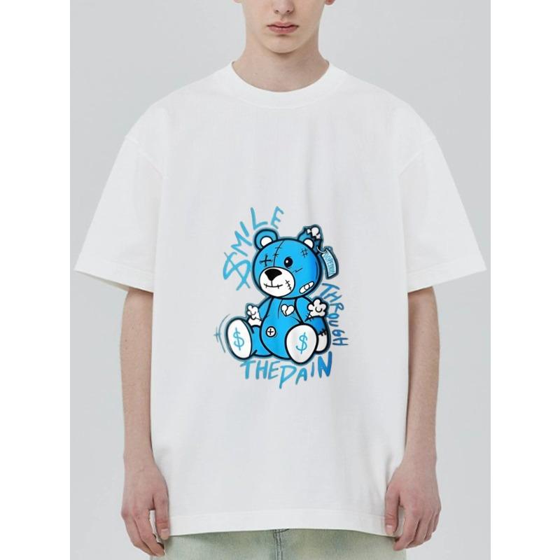 Black T Shirt with Blue Bear Graphic and Smile Through The Pain Text for Casual Wear