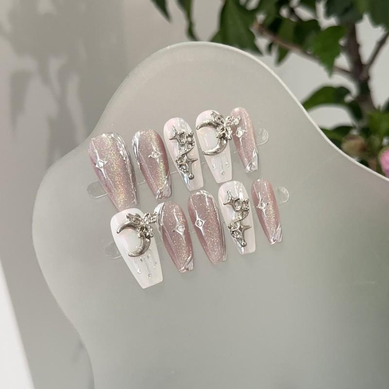 Handmade Press On Nails Purple Starry Sky Cat Eye Fake With White Stars Moon Medium Length Women