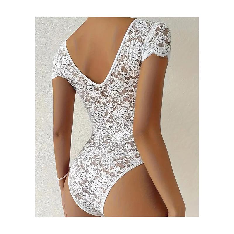 European and American Lace Trim Slimming Short Sleeve Bodysuit