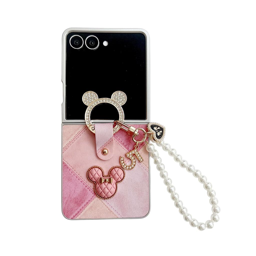 3D Silver Edged Ring Wrist Strap Retro Mouse Phone Case with Pearl Bracelet for Samsung Galaxy Z Flip 7 FE 6 5 4 3 Flip7
