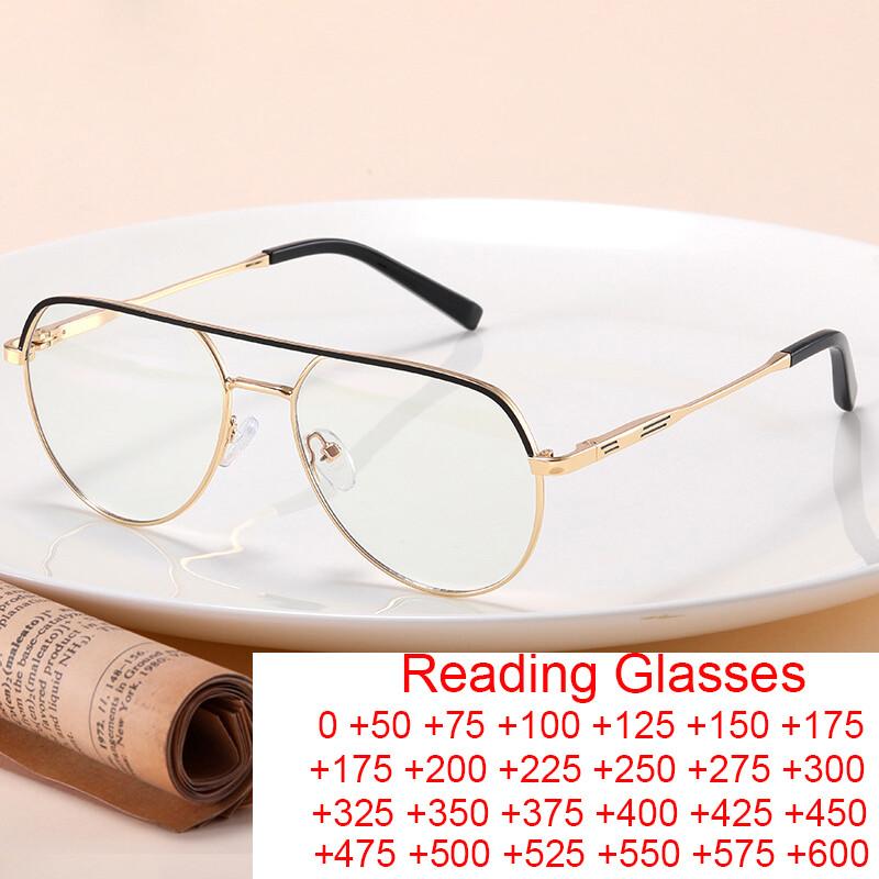 Trendy Pilot Reading Glasses Women Metal Frame Anti Blue Light Ultralight Presbyopia Eyewear with Diopter