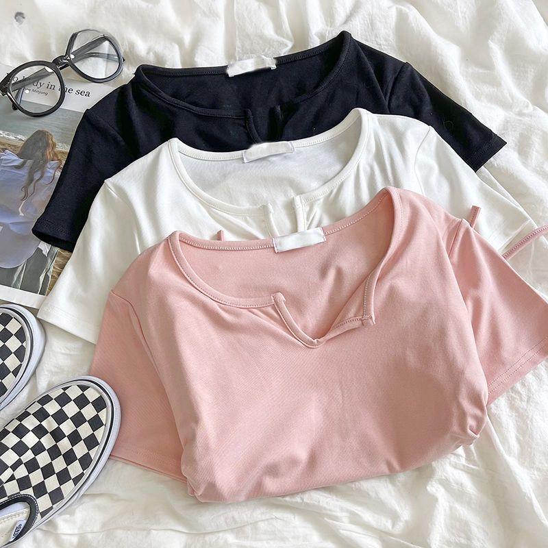 V-neck Solid Color Drawstring Pleated Waist Cinched Spicy Girl Shoulder T-shirt On Both Sides Tops