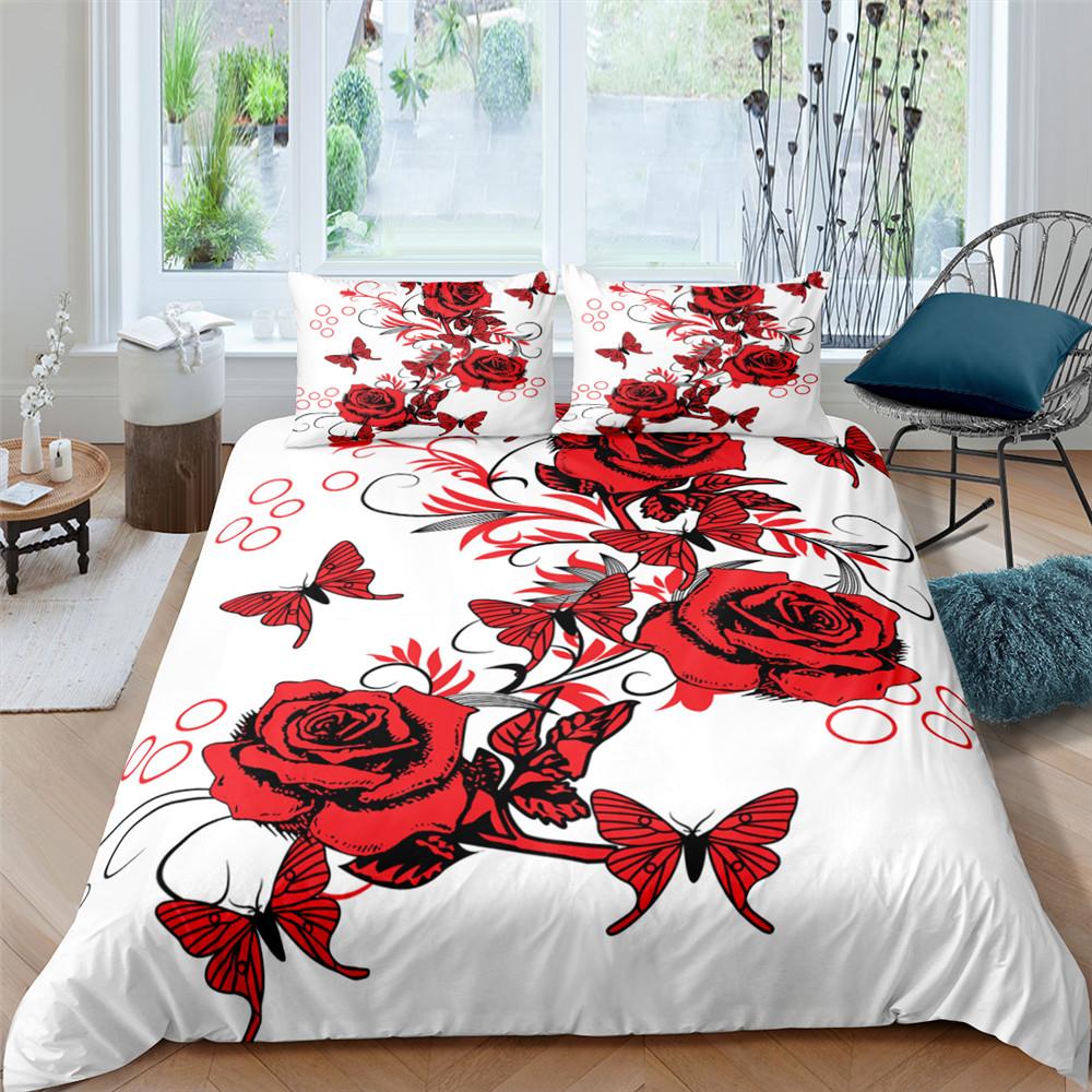 Red Rose Duvet Cover Set Red Flower Gray Background 3D Comforter Cover Valentine's Day Gift King Queen Size For Girls Women Kids