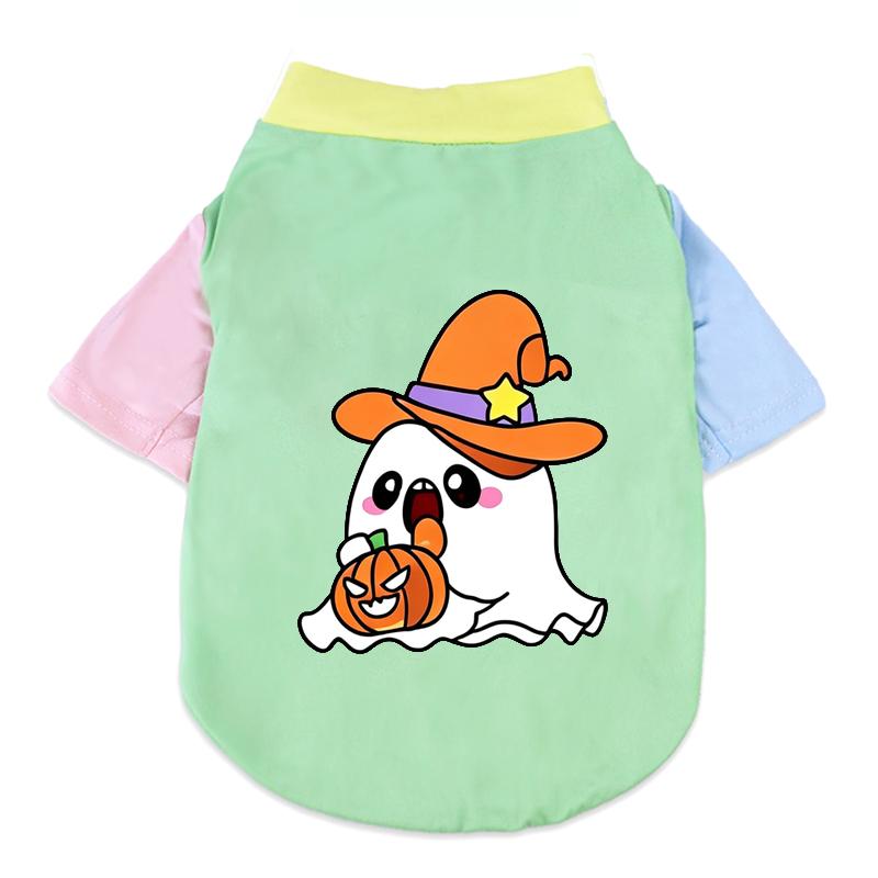 Halloween Cute Ghost Print Pet T‑Shirt Cats & Dogs Soft Cotton Clothes Outfit For Bichon French Bulldog Holiday Party Costume