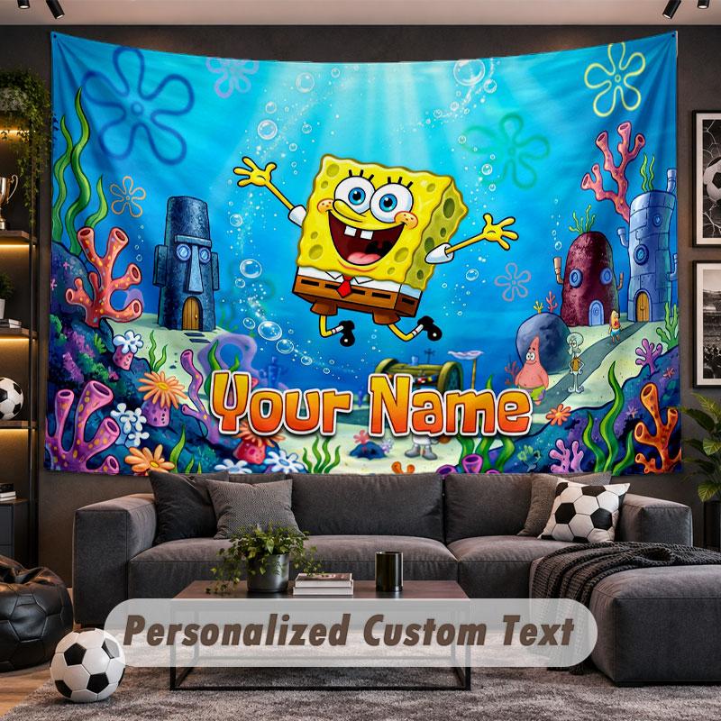 Wall Hanging Tapestry Custom NameSpongeBob Pattern Personalized Printed Fabric Wall Decor