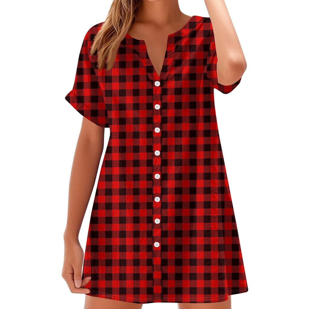 Women's Fashion Casual V-neck Short-sleeve Button Check, Tie-dye, Polka Dot Print Dress