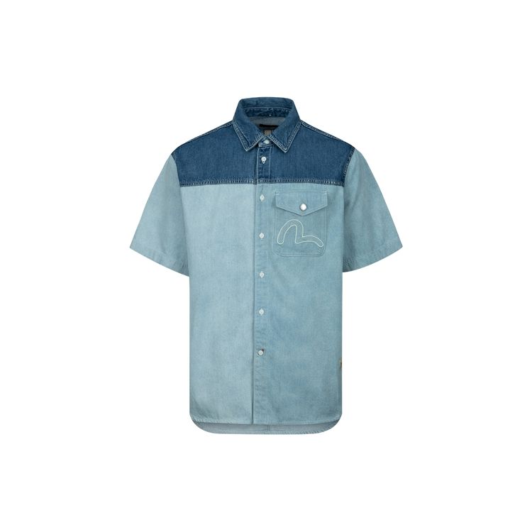 Evisu Patchwork Logo Printed Floral Short Sleeve Shirt Men shirts Denim-Blue 2ESHTM3SS118LFDN