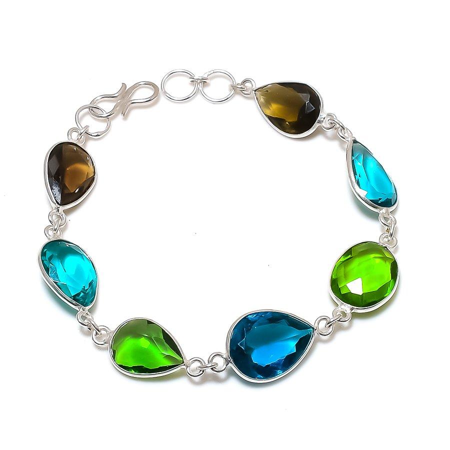 Natural Blue Topaz, Peridot Gemstone 925 Sterling Silver Bracelet 7-8" ASB-3098