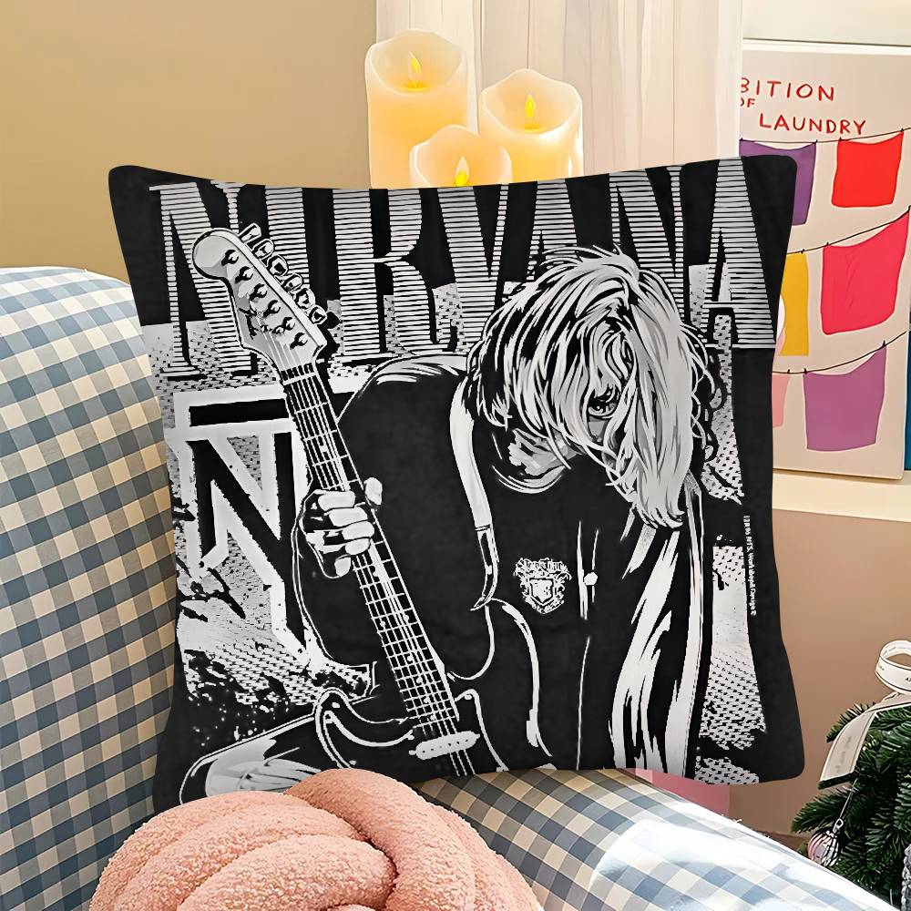 Hot N-Nirvana-K-Kurt Cobain Pillow Case Square Pillow Bedroom Sofa Leisure Comfort Cushion Car Living Room Home Decoration