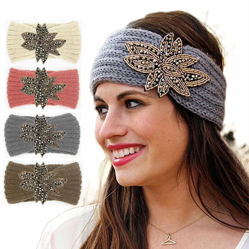 Crystal Beaded Flower Knit Headband For Women Winter Wool Ear Warmer Hairband Turban Headwrap Hair Accessories Bandeau