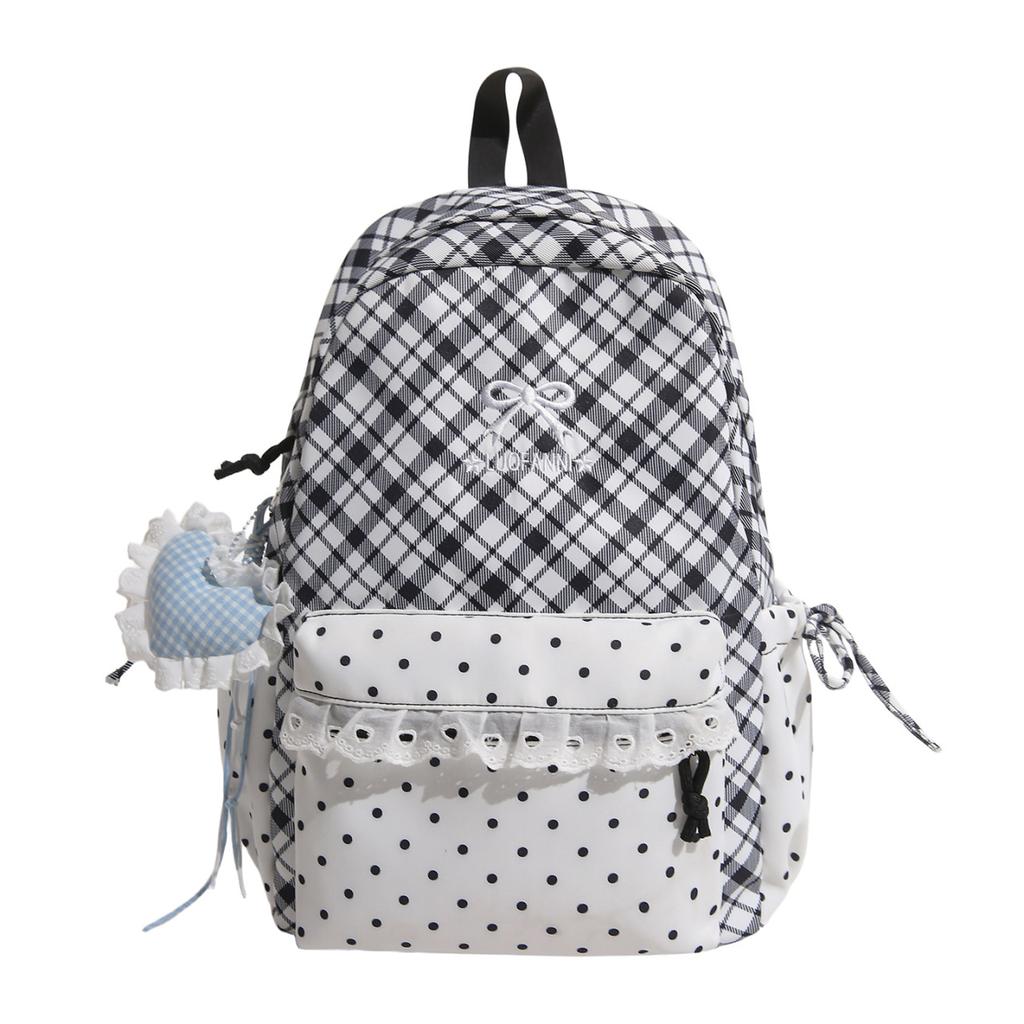 Schoolbag Sea Salt Blue and White Plaid Splicing Lace Backpack Sweet Junior High School Schoolbag Women Travel Small Backpack