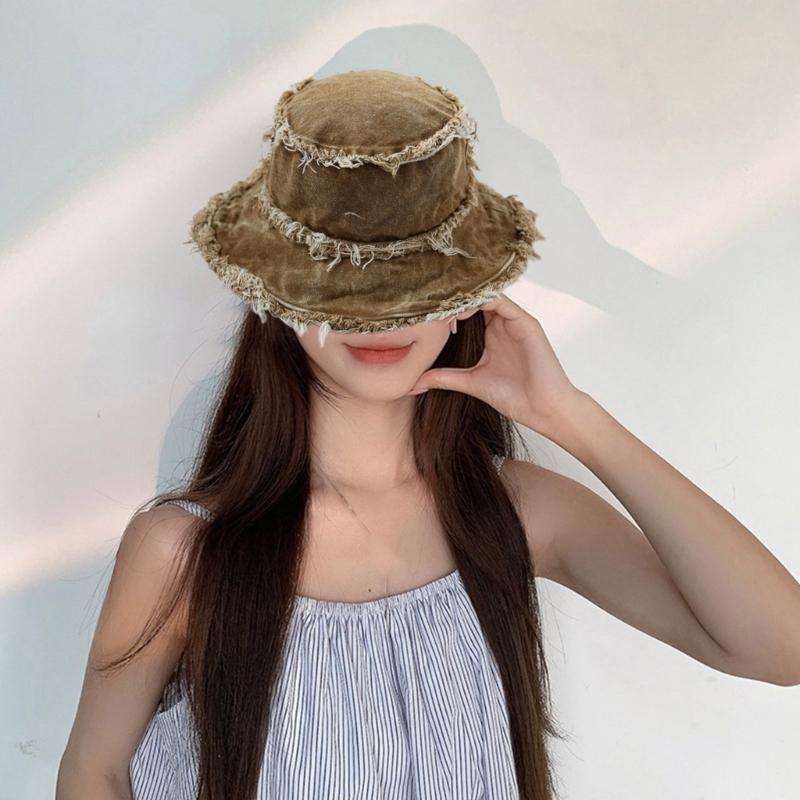 Vacation Outdoor Fisherman Hat for Woman Bucket Hat Distressed Frayed Edge Hat