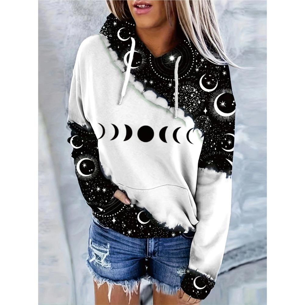 Modischer Hoodie mit Mond- und Sternenprint, Verstellbare Kapuze mit Kordelzug, Geräumige Kängurutasche, Superweiches Lässiges Sweatshirt für Damen