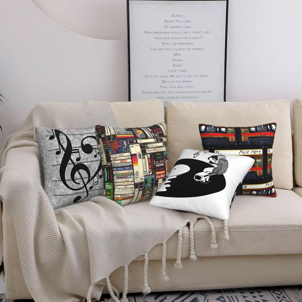 Set of 4 Throw Pillow Covers Vintage Music Cassette Tape Sound Magnetic Tape Vinyl Records Symbol Decorative Pillow Cases Home Decor 18x18 inches
