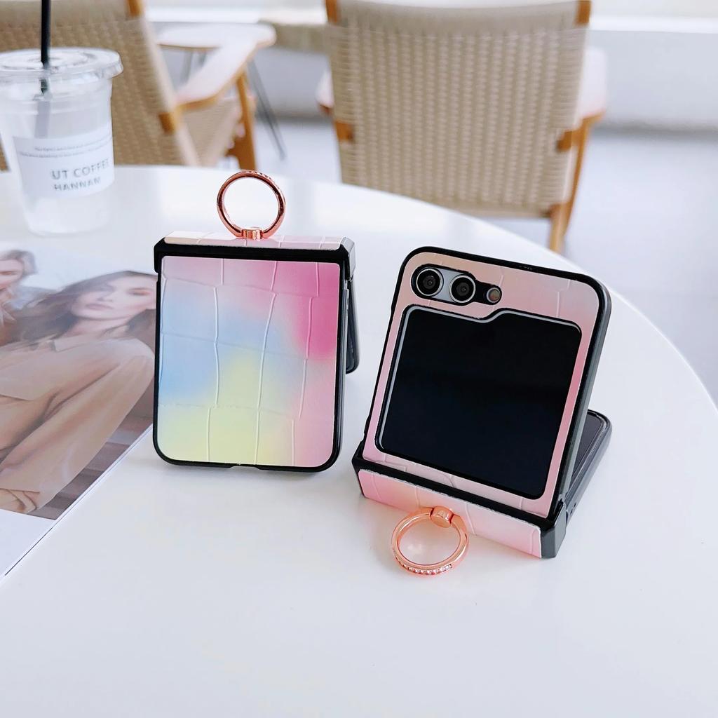 Leather Ring Gradient Color Fall Prevention Phone Case for Samsung Galaxy Z Flip 6 5 4 3  Flip5 Flip4 Flip3 5G Shockproof Cover