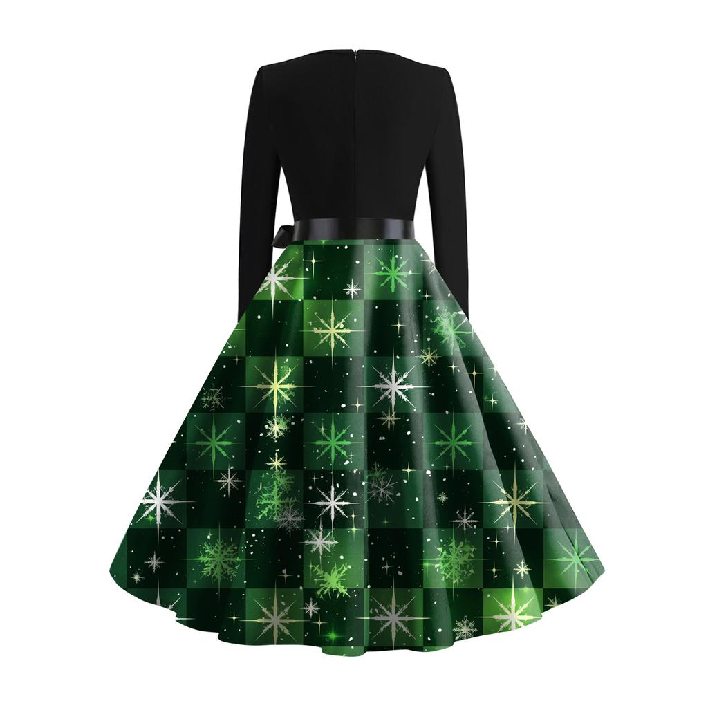 Women's Casual Fashion V-neck Long Sleeved Retro Christmas Print Retro Dress