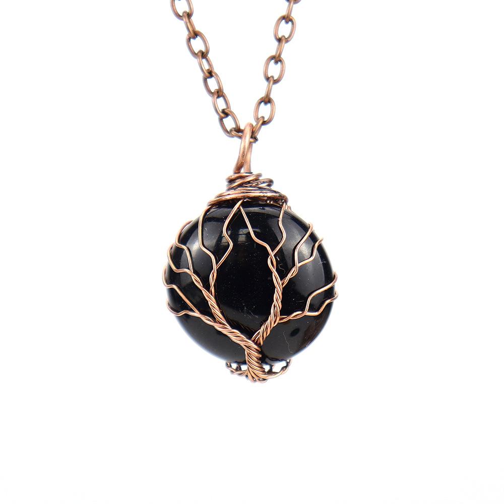 Natural Crystal Rough Stone Amethyst Round Winding Tree Of Life Pendant Necklace N647