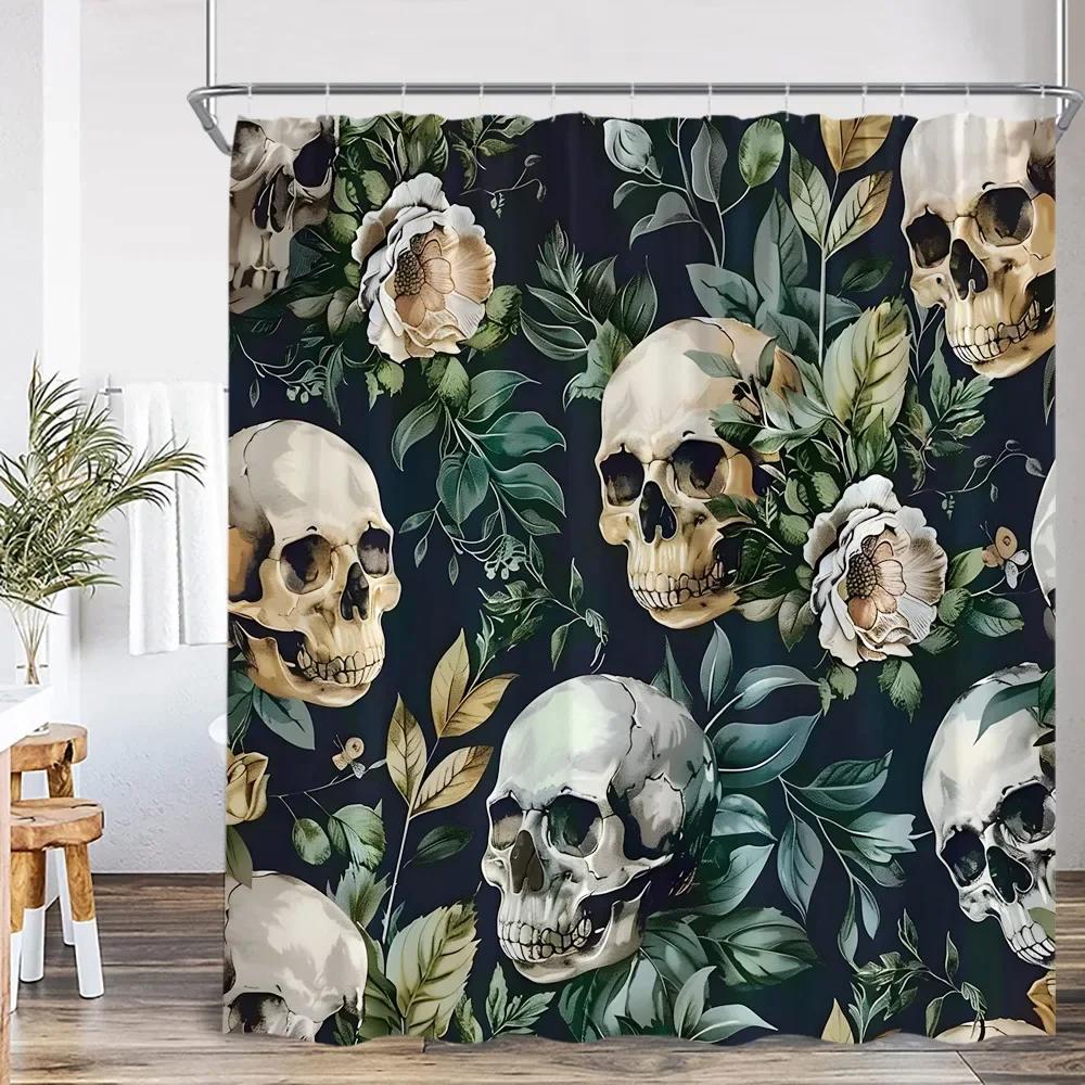 Funny Skull Bone Shower Curtain Halloween Flower Green Leaves Bathroom Decoration Vintage Skull Polyester Shower Curtain