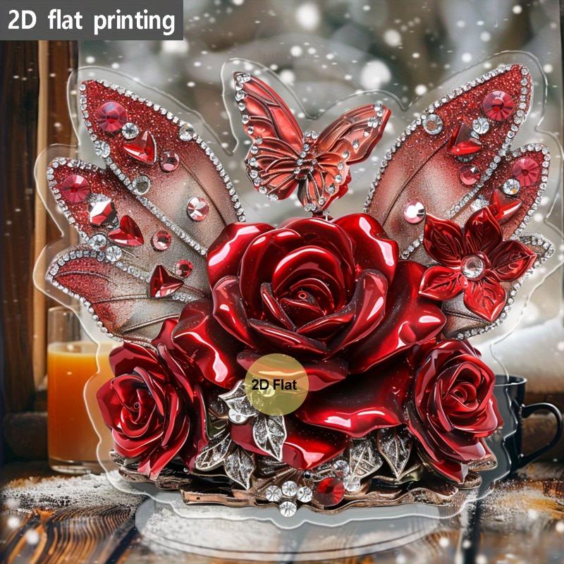 Décoration de bureau Rose Rouge et Papillon Acrylique Plat 2D, Cadeau d'Anniversaire, Motifs adaptés à la Décoration Murale, Porche, Chambre, Villa, Accents Maison, Hal